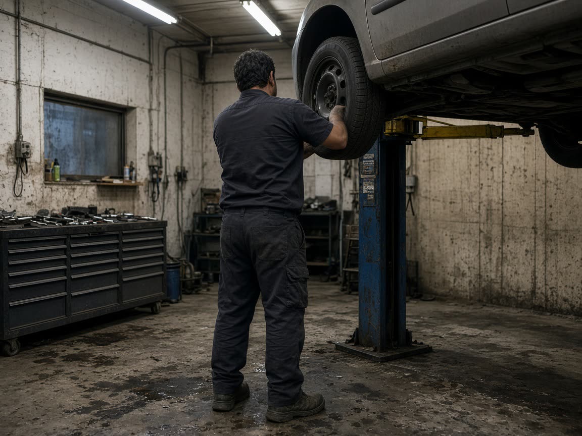 Alignment rack and tire wall inside Tikva Tyre Ltd workshop, Petah Tikva