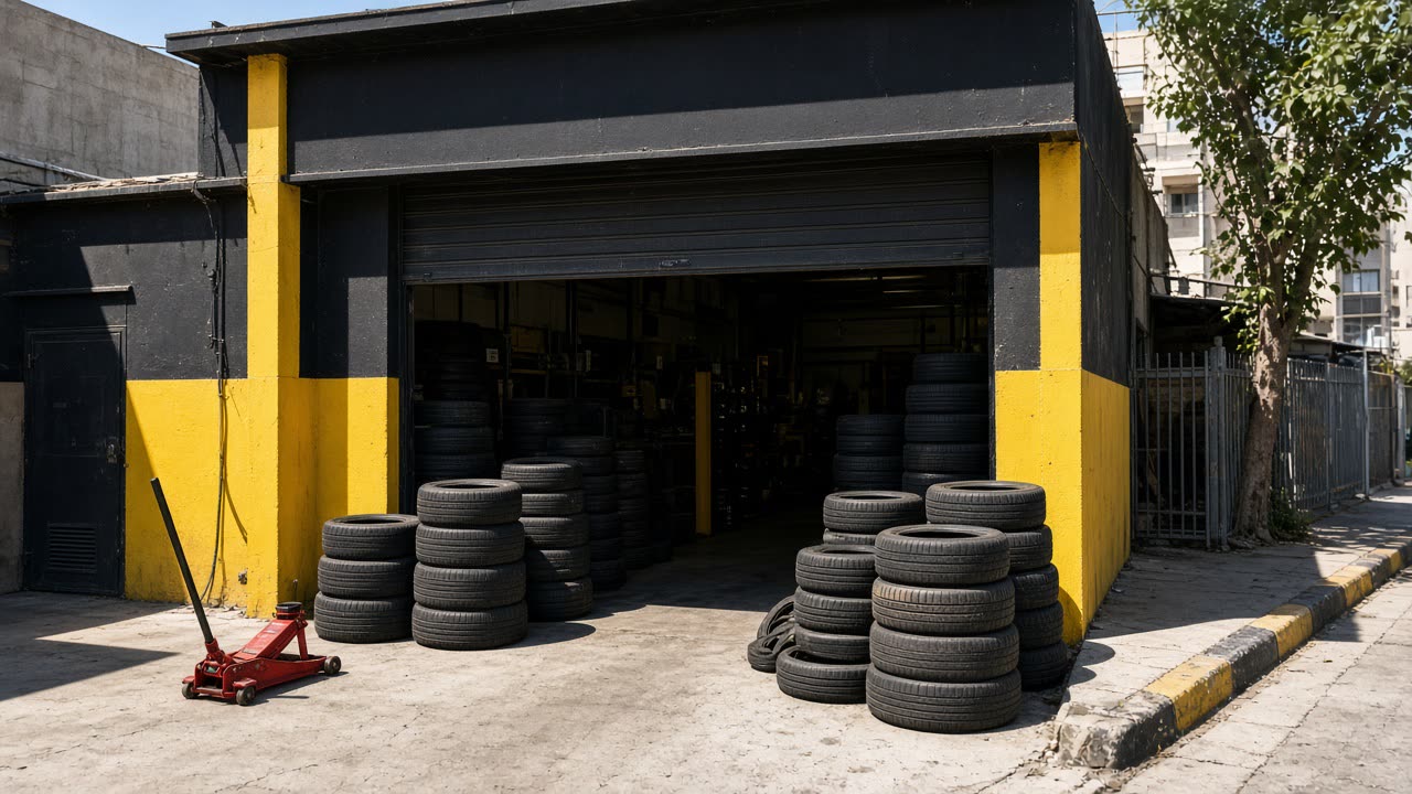 Front bays and tire racks at Tikva Tyre Ltd, 18 Jabotinsky Road, Petah Tikva